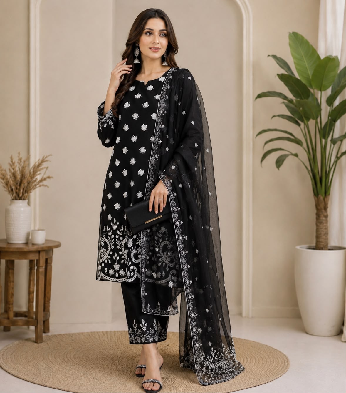 Black Lawn Embroidered 3-Piece Suit (With Plazo)