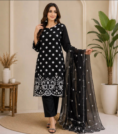 Black Lawn Embroidered 3-Piece Suit (With Plazo)
