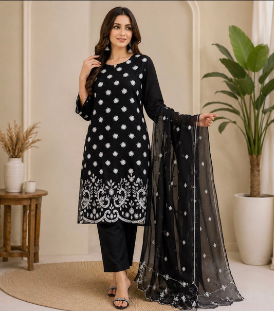 Black Lawn Embroidered 3-Piece Suit (With Plazo)