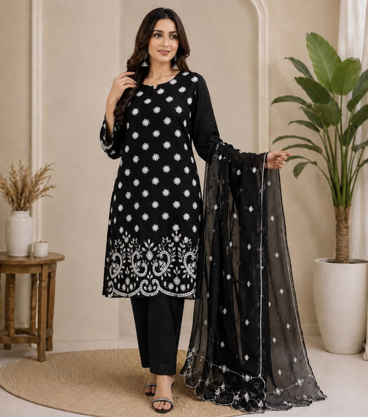 Black Lawn Embroidered 3-Piece Suit (With Plazo)